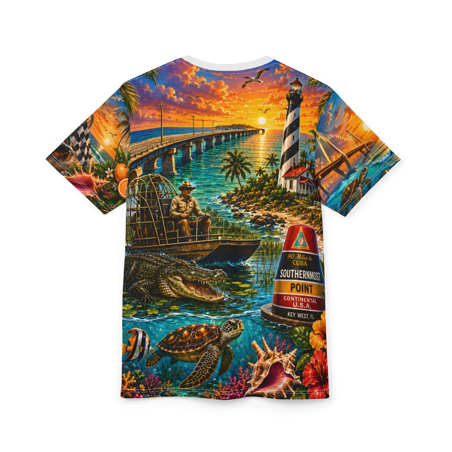 Florida vintage postcard print T-shirt by Printify featuring all-over retro vacation postcard design on a casual tee.