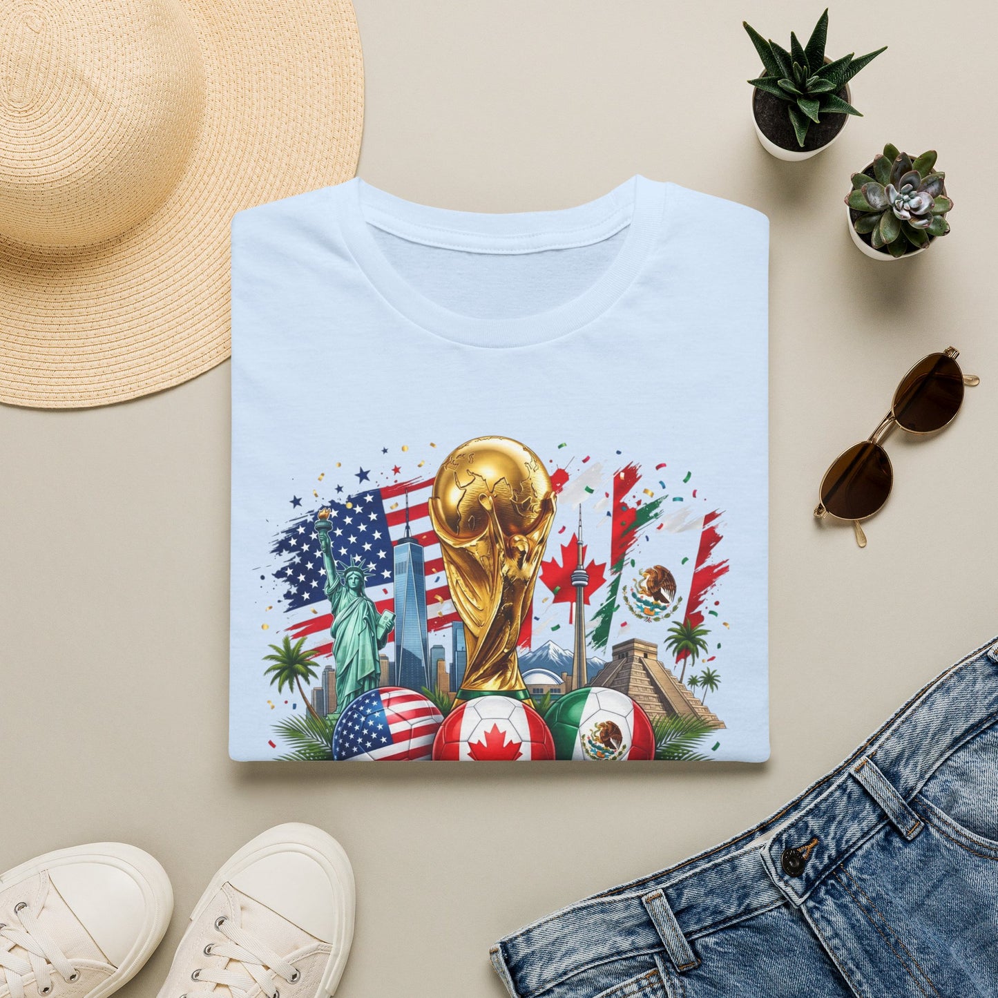 T-Shirt — World Cup 2026 Trophy Design with USA, Canada & Mexico Flags