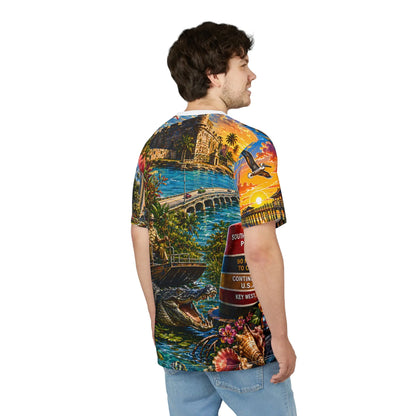 Man in the Florida sunset print t-shirt, side and back view of the tropical design