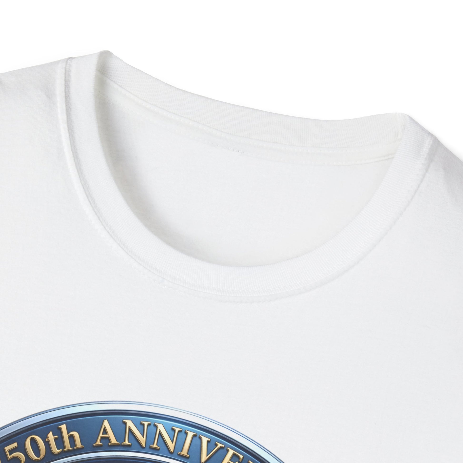 Close-up of the 250th anniversary eagle print near the collar of a white t-shirt