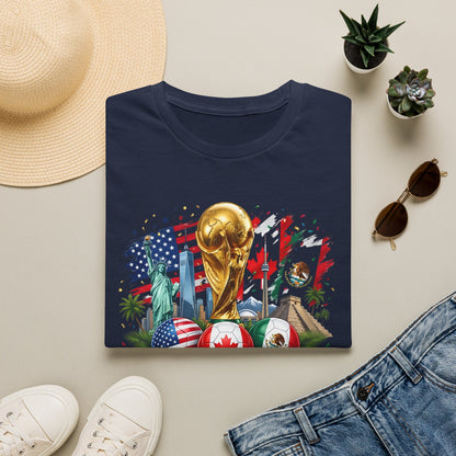 Printify T-shirt featuring World Cup 2026 trophy design with USA, Canada, and Mexico flags on a white background.
