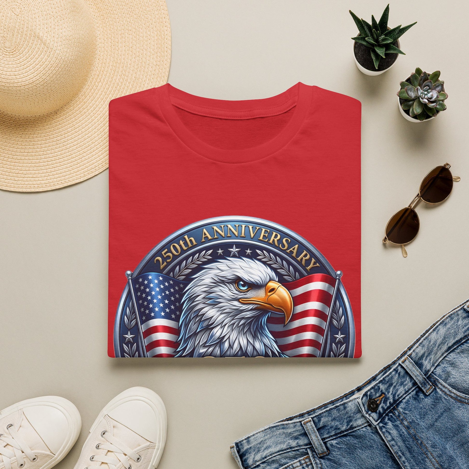 250th anniversary eagle t-shirt in red, folded flat lay with a sun hat, sunglasses and plants