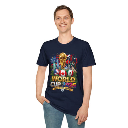 Printify T-shirt featuring the 2026 World Cup trophy design with USA, Canada, and Mexico flags on a white background.