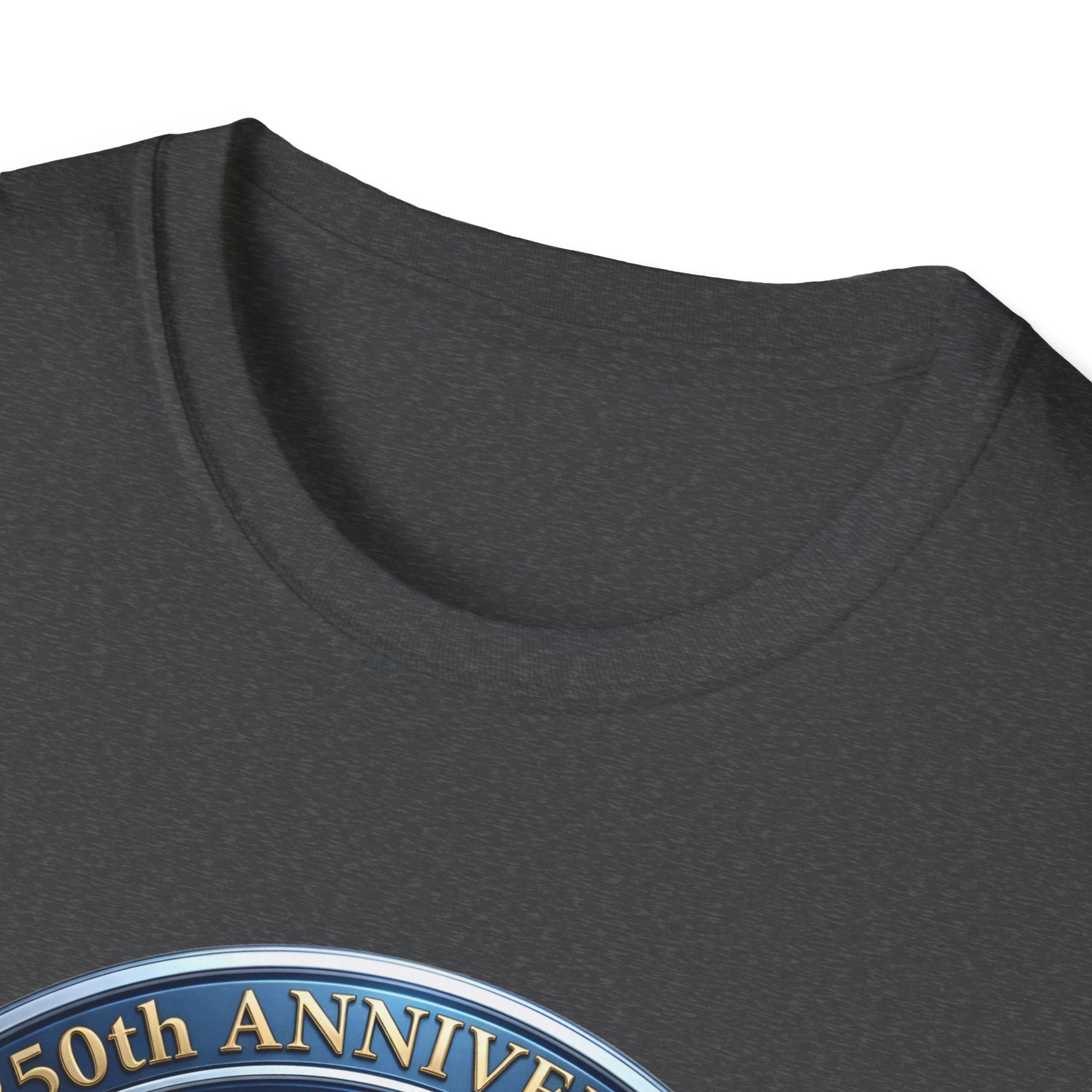Close-up of the 250th anniversary eagle print near the collar of a dark gray t-shirt