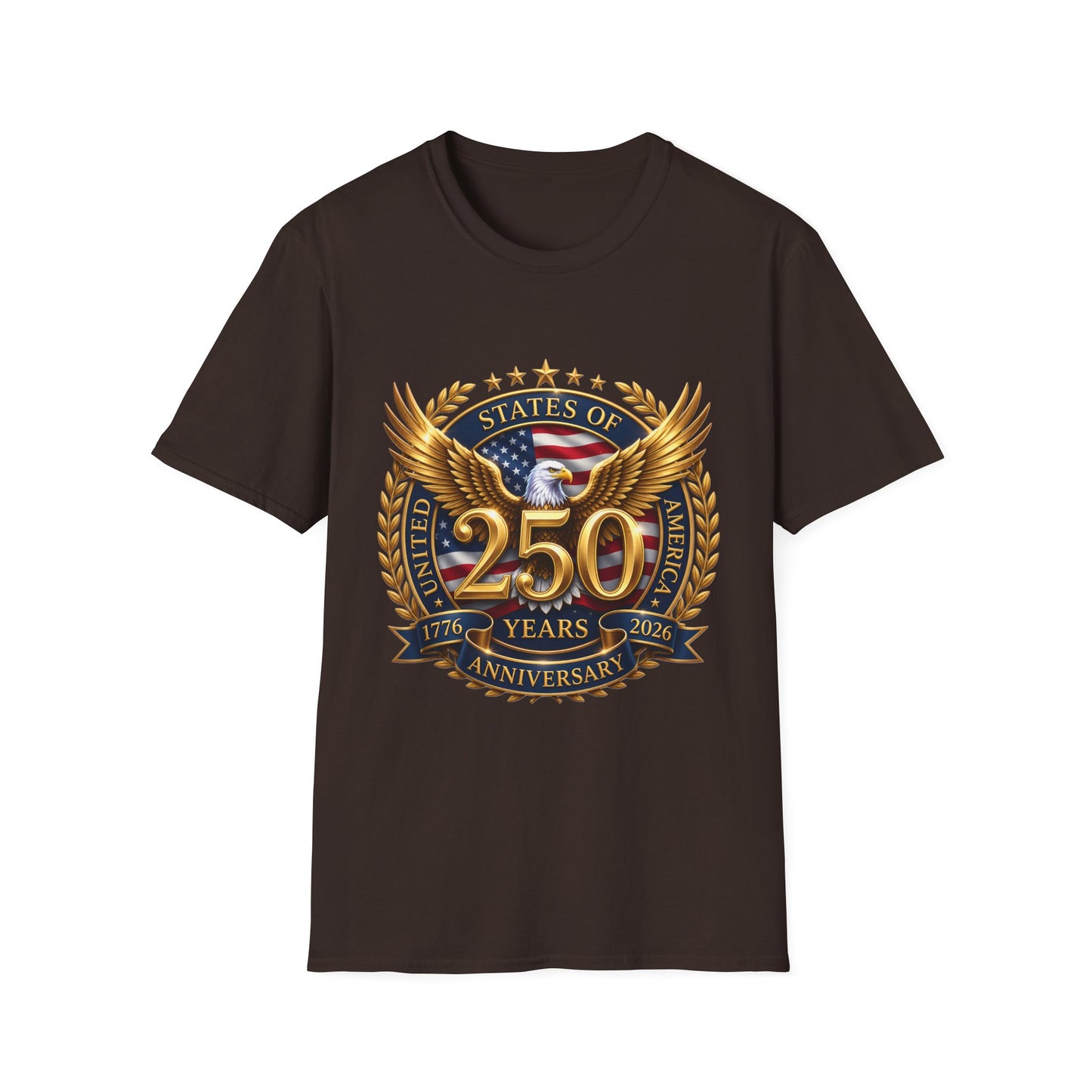 250th Anniversary USA gold eagle crest design on a dark brown t-shirt, plain front product shot