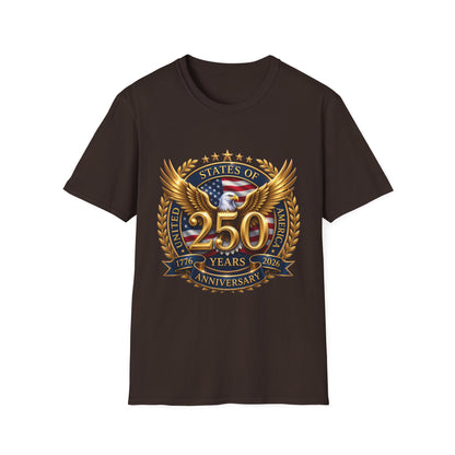 250th Anniversary USA gold eagle crest design on a dark brown t-shirt, plain front product shot