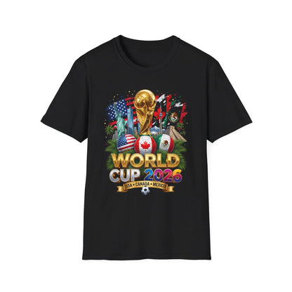 World Cup 2026 trophy design with three-nation flags on a black t-shirt, flat product shot