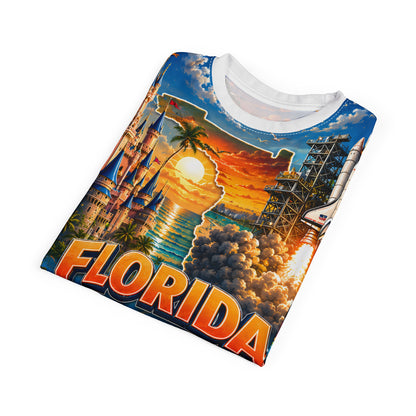 Florida vintage postcard print T-shirt by Printify, featuring colorful all-over vacation-themed postcard design on a casual tee.