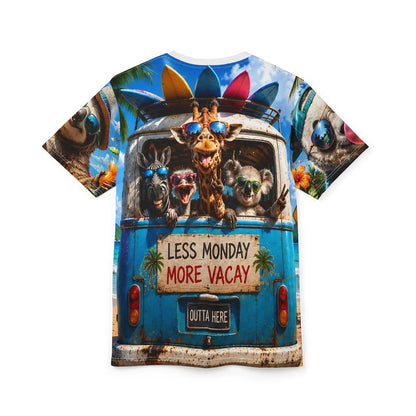 Funny summer animal beach T-shirt featuring giraffe and friends sunglasses print, all-over graphic tee by Printify.