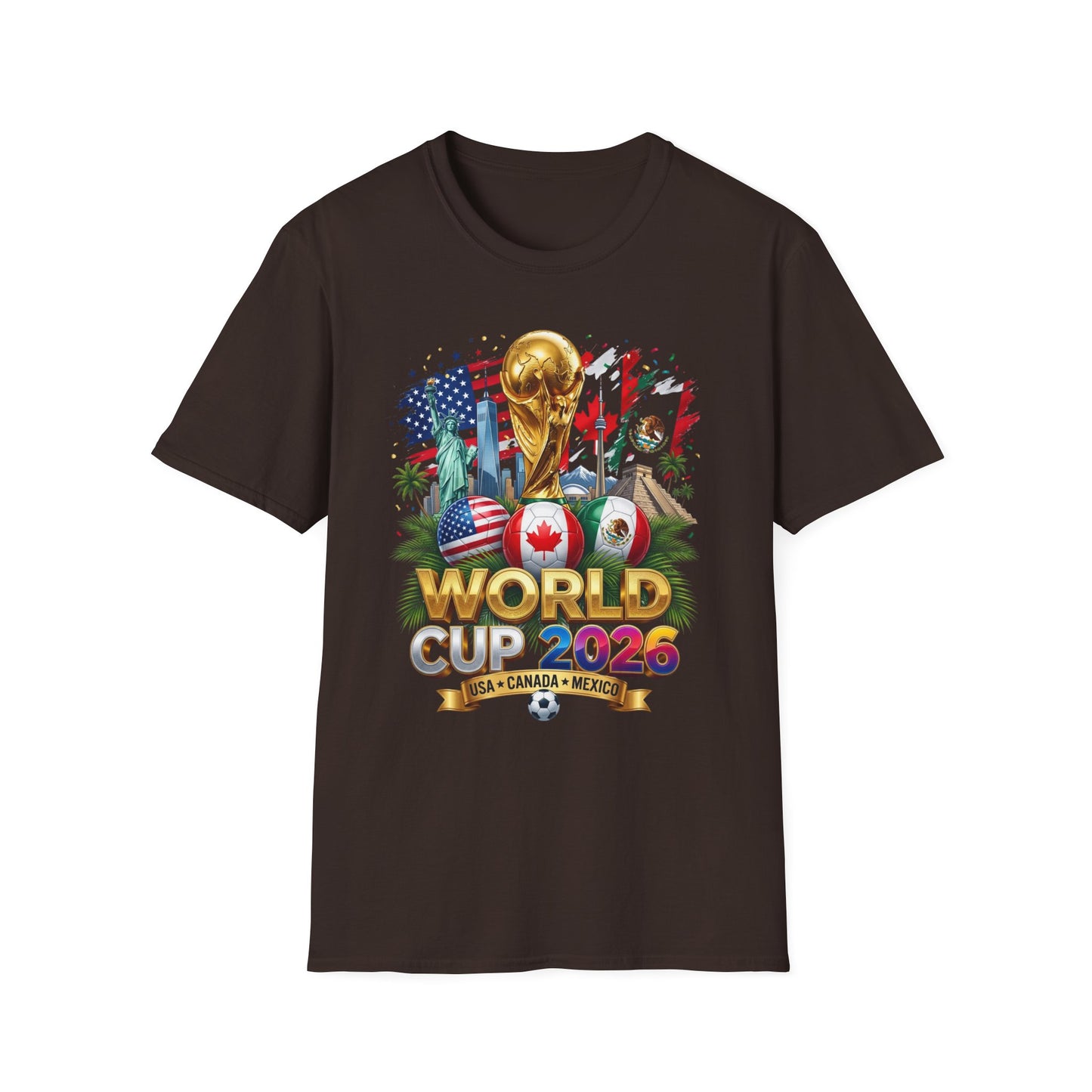 T-Shirt — World Cup 2026 Trophy Design with USA, Canada & Mexico Flags