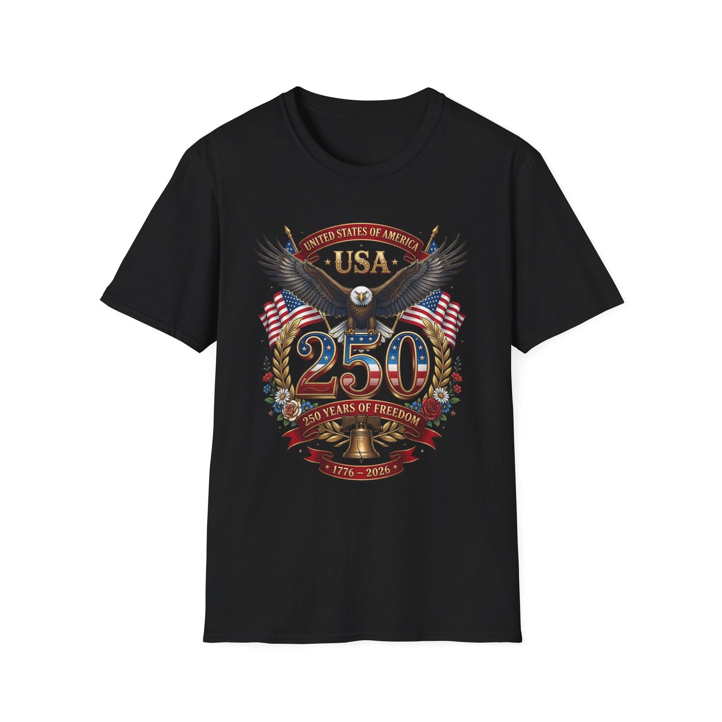 Patriotic USA eagle 250 anniversary design on a black t-shirt, plain front product shot