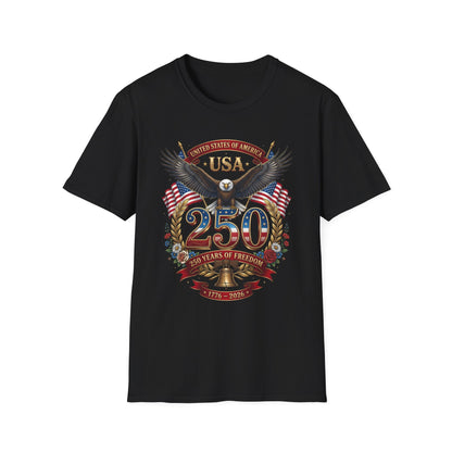 Patriotic USA eagle 250 anniversary design on a black t-shirt, plain front product shot