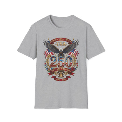 USA eagle 250th anniversary design on a heather-gray t-shirt, plain front product shot