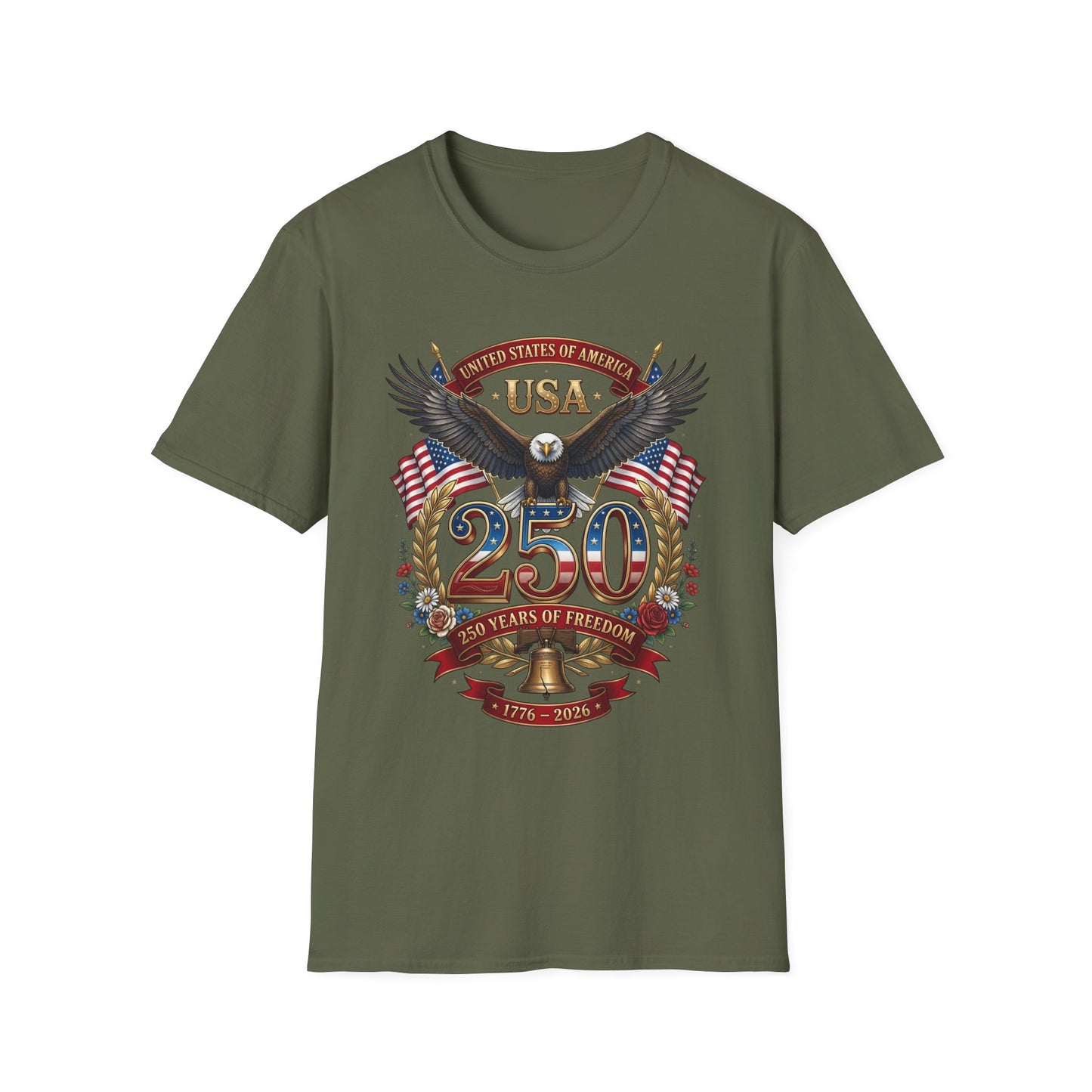 USA eagle 250th anniversary design on an olive-green t-shirt, plain front product shot