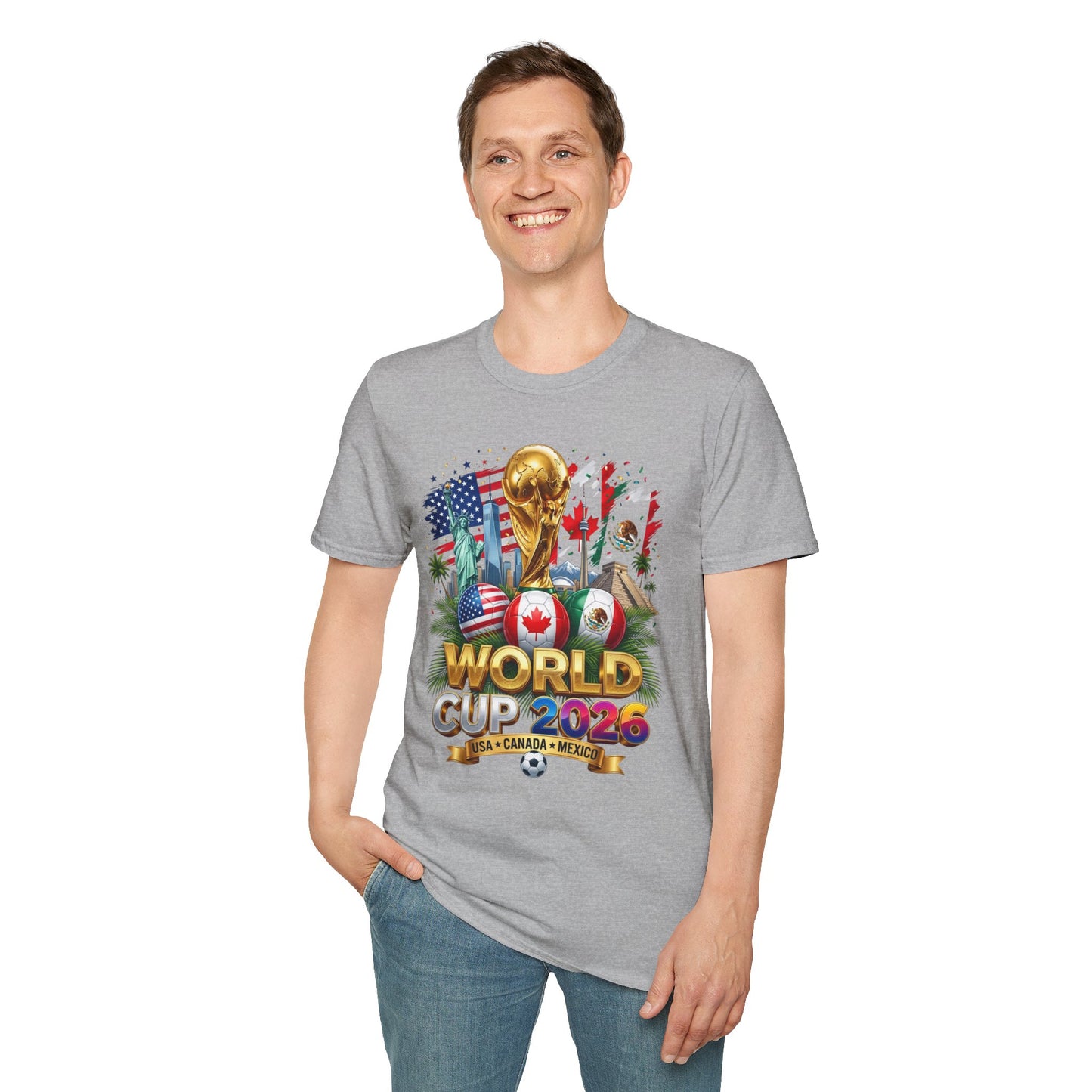T-Shirt — World Cup 2026 Trophy Design with USA, Canada & Mexico Flags