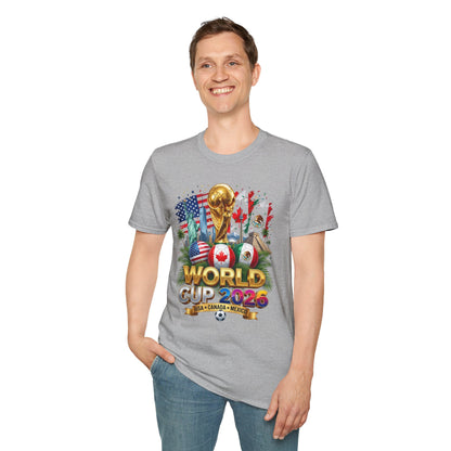 T-Shirt — World Cup 2026 Trophy Design with USA, Canada & Mexico Flags