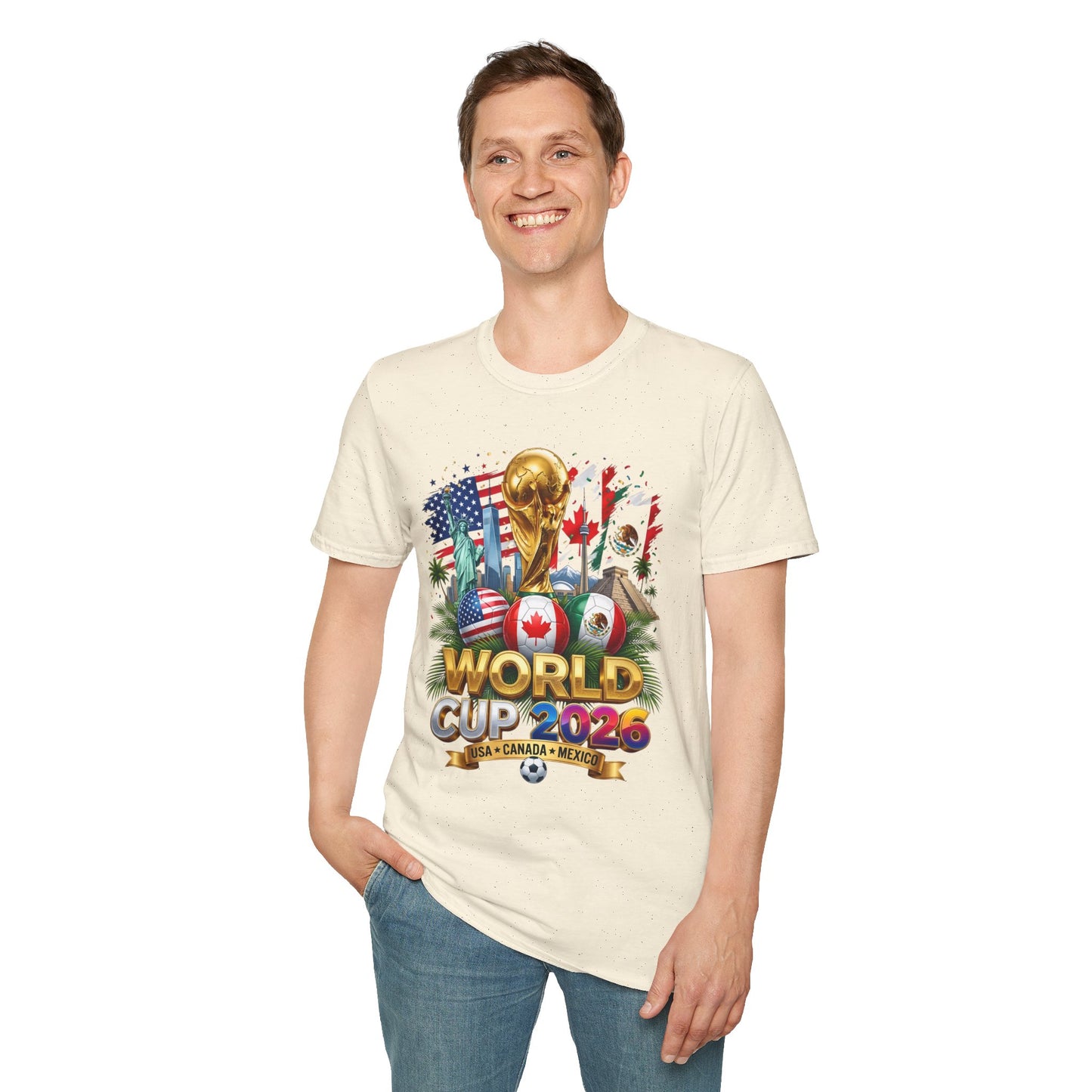 Printify T-shirt featuring World Cup 2026 trophy design with USA, Canada, and Mexico flags on a white background.