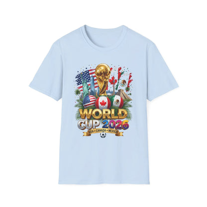 World Cup 2026 gold trophy design on a light-blue t-shirt, flat product shot