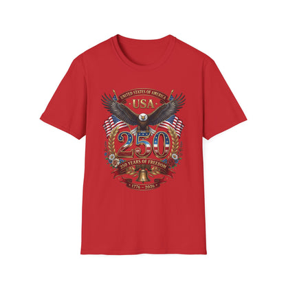 Patriotic eagle 250 anniversary design on a red t-shirt, plain front product shot