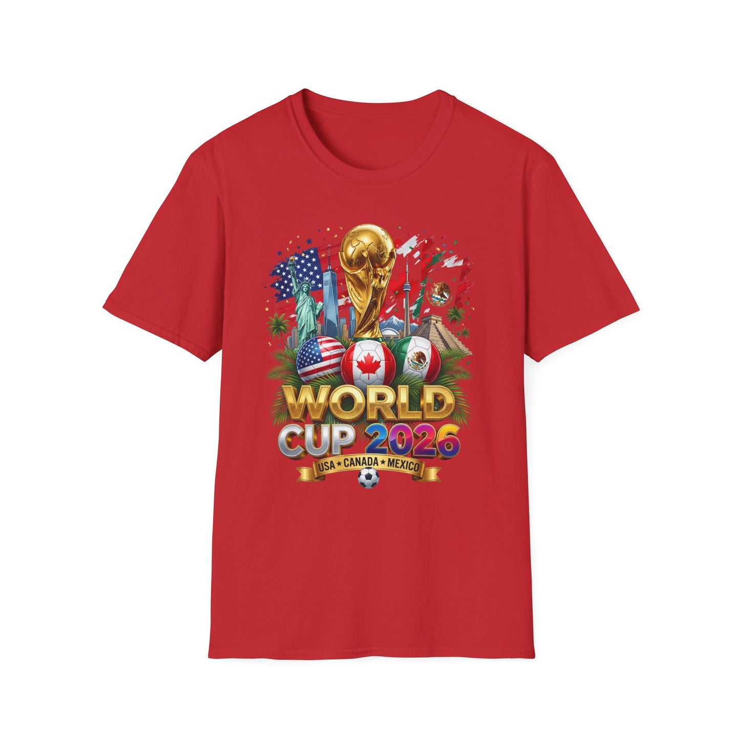 T-Shirt — World Cup 2026 Trophy Design with USA, Canada & Mexico Flags