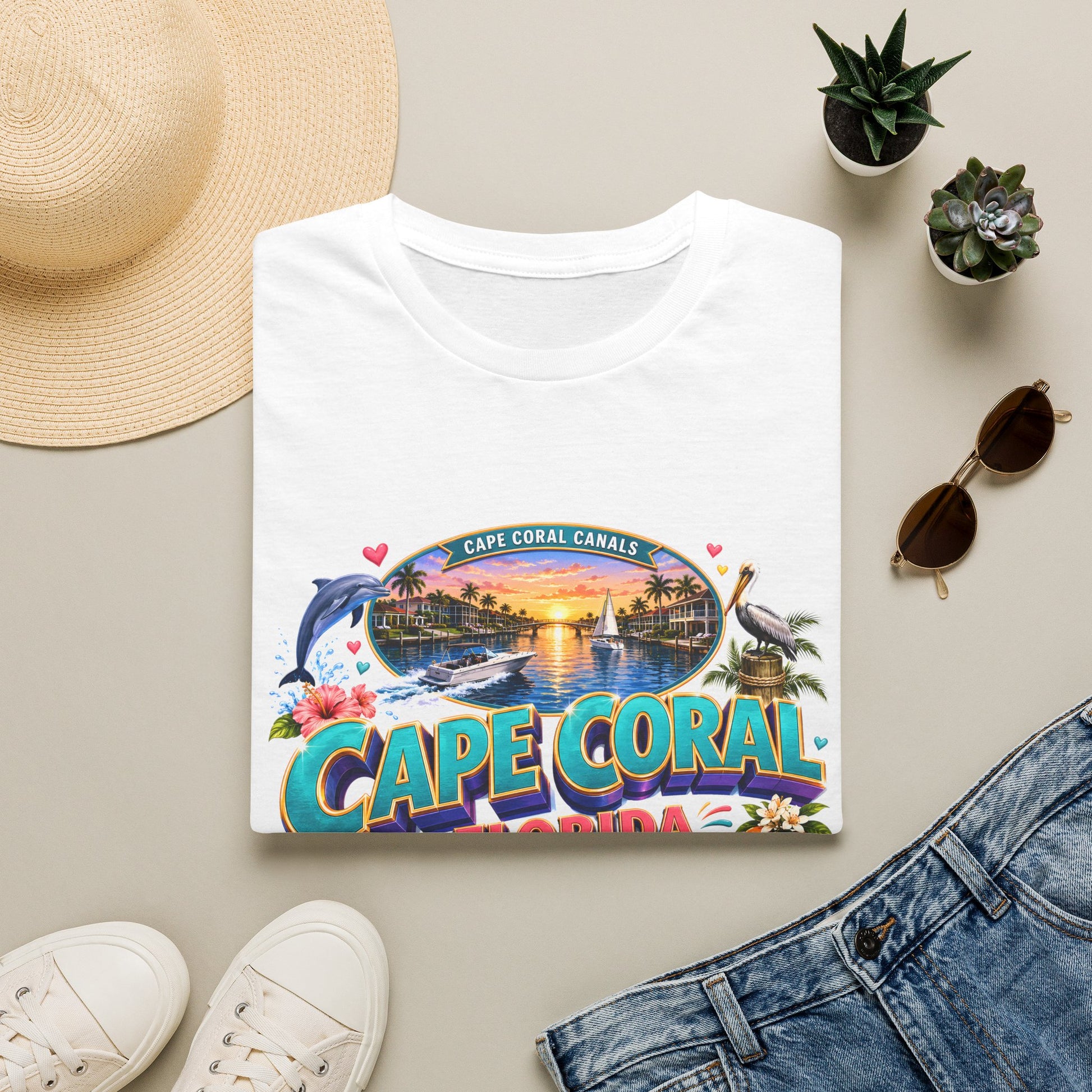 Unisex Cape Coral Waterfront Wonder T-shirt featuring Florida beach and nautical design, perfect for beach vacation fans.