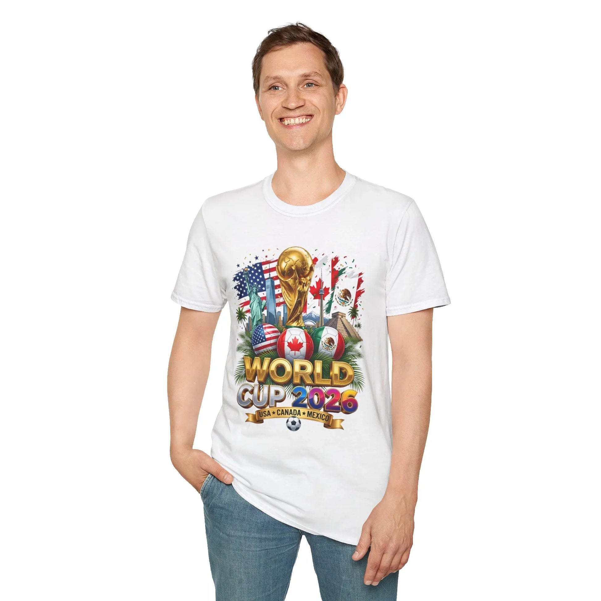 White World Cup 2026 trophy and flags t-shirt worn by a smiling man, front view