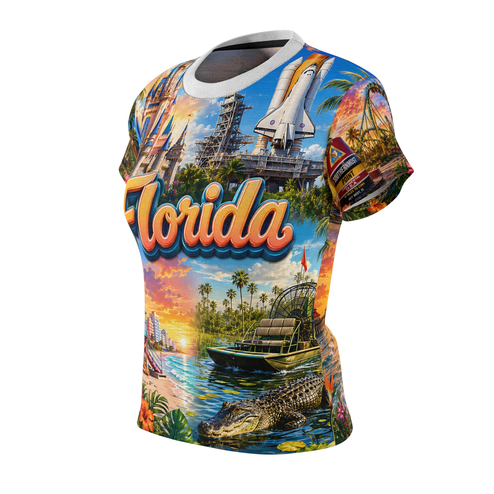 Florida sunset-print women's tee, invisible-mannequin front-side view with space shuttle and script logo