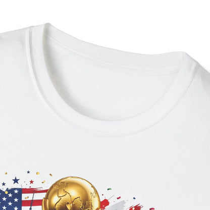 Close-up of the collar and neckline on a white World Cup 2026 trophy t-shirt
