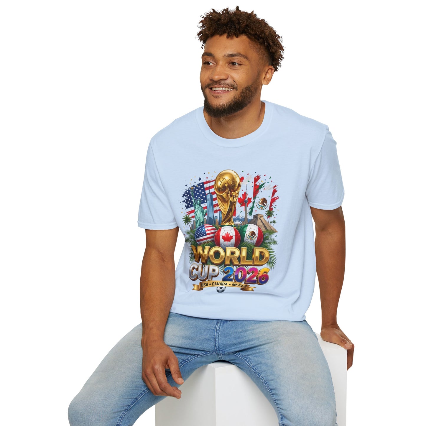 Printify T-shirt featuring World Cup 2026 trophy design with USA, Canada, and Mexico flags on a white background.