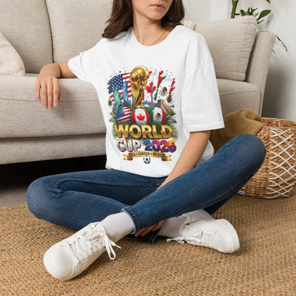 White World Cup 2026 trophy t-shirt worn by a woman sitting on the floor at home