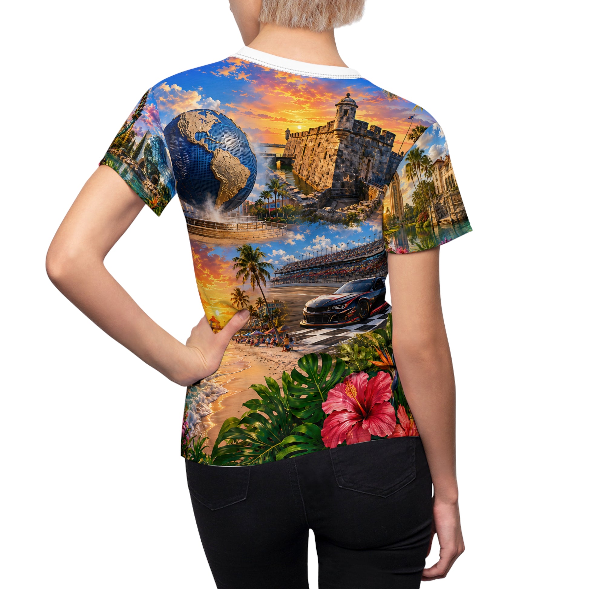 Woman wearing the Florida all-over-print tee, back view showing globe, space shuttle and hibiscus design