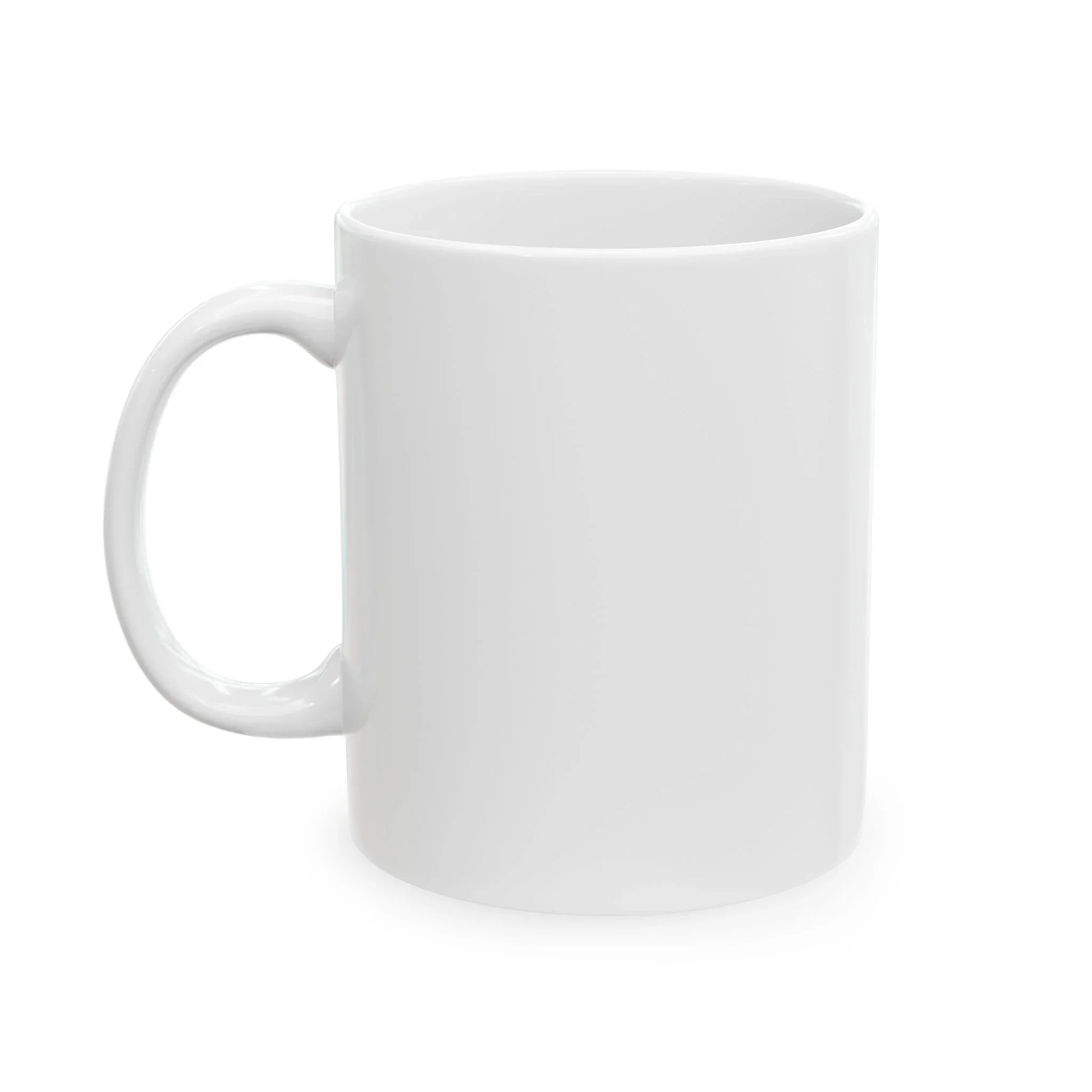 Plain white blank 11oz ceramic mug with handle on the left, no design shown, on a white background