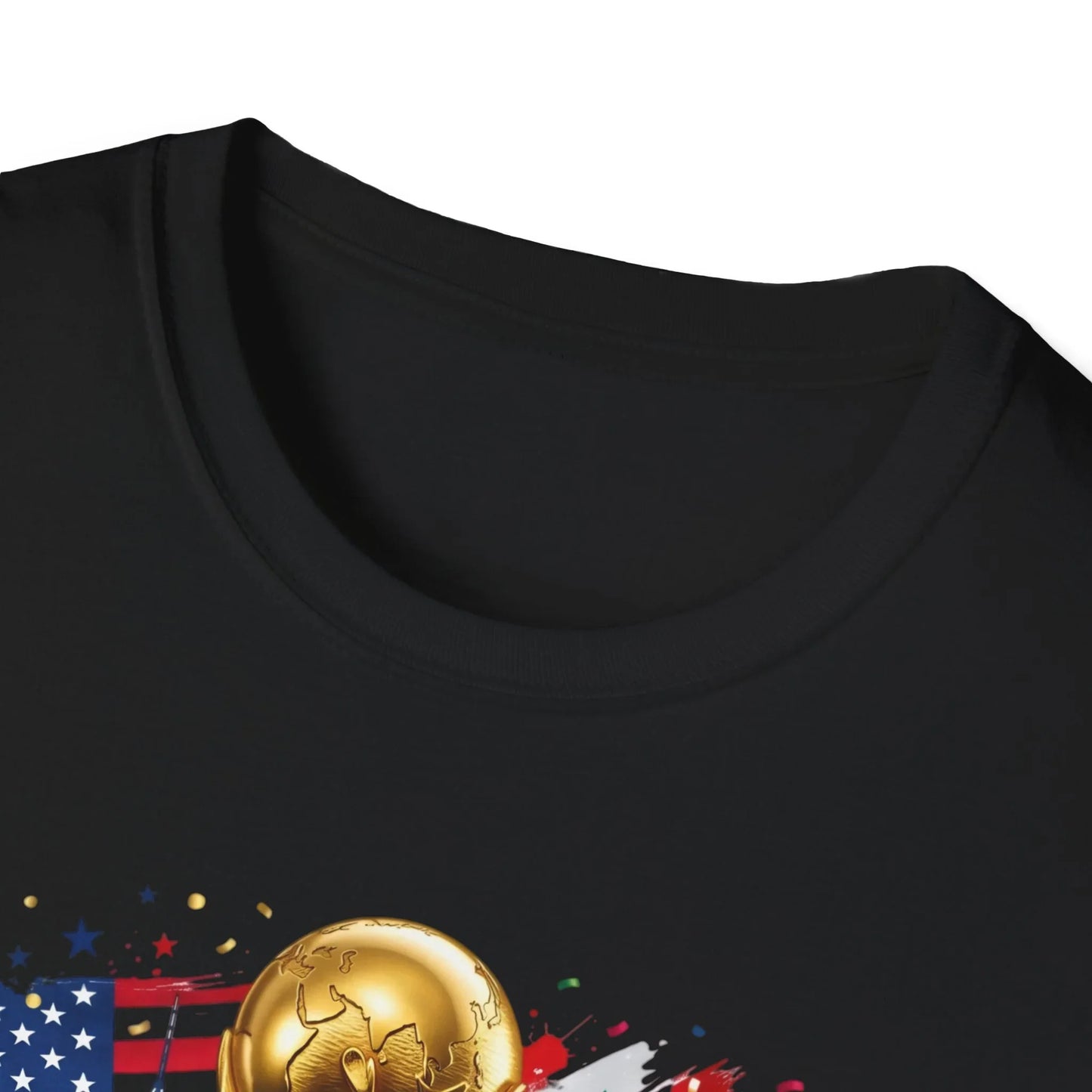 Close-up of the collar and neckline on a black World Cup 2026 trophy t-shirt