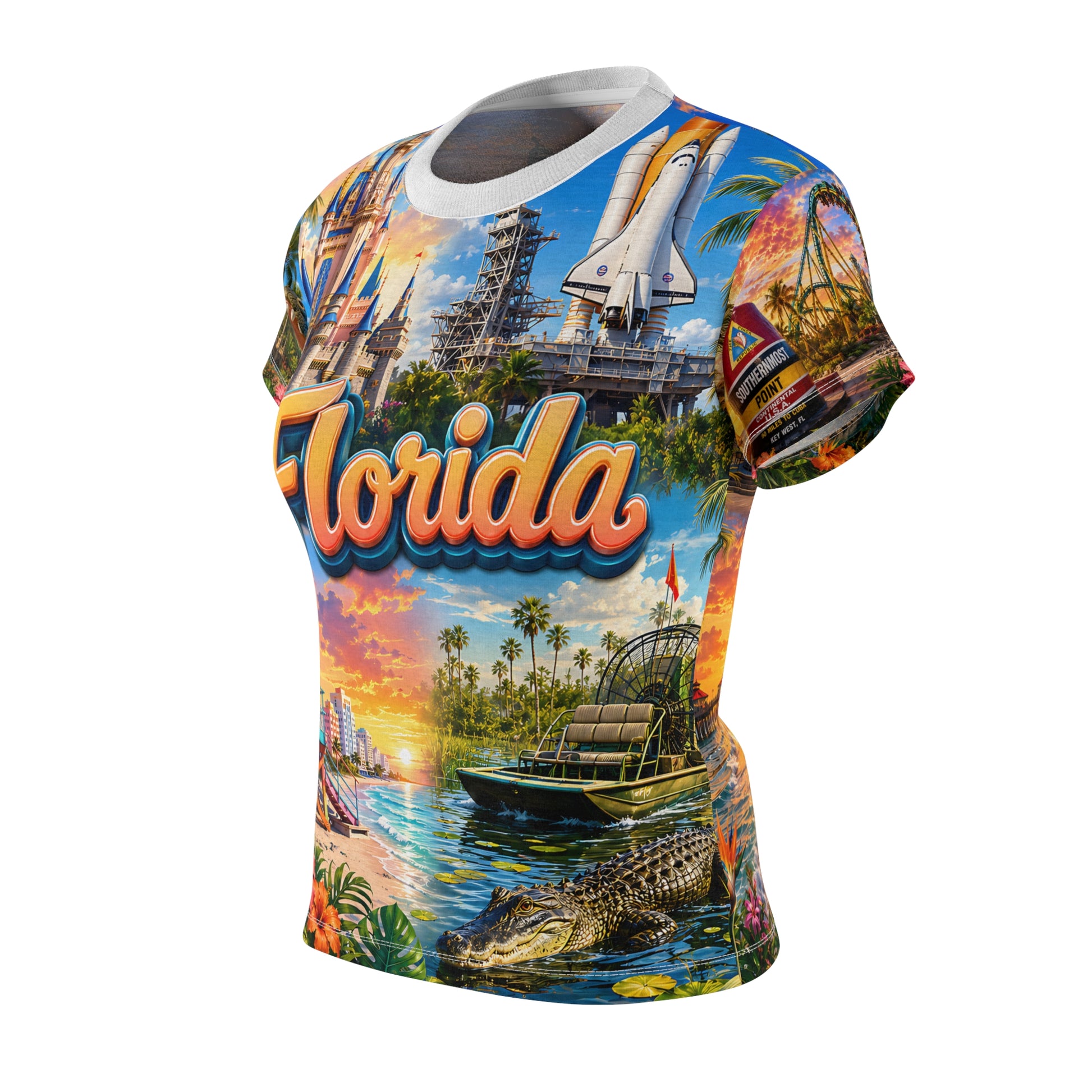 Florida all-over-print women's tee, ghost-mannequin front view with space shuttle and tropical sunset design