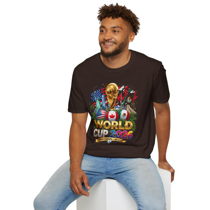 T-Shirt — World Cup 2026 Trophy Design with USA, Canada & Mexico Flags