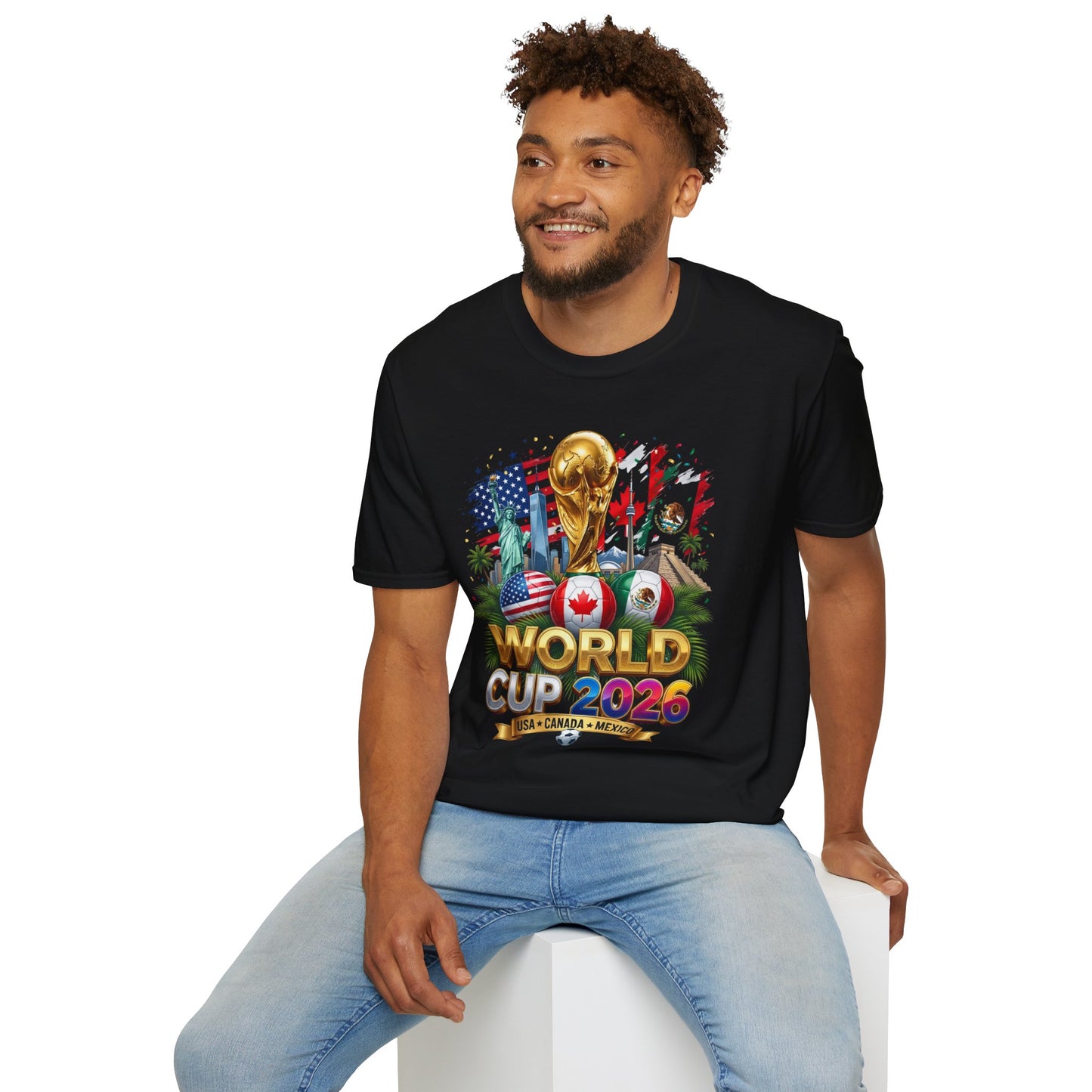T-Shirt — World Cup 2026 Trophy Design with USA, Canada & Mexico Flags