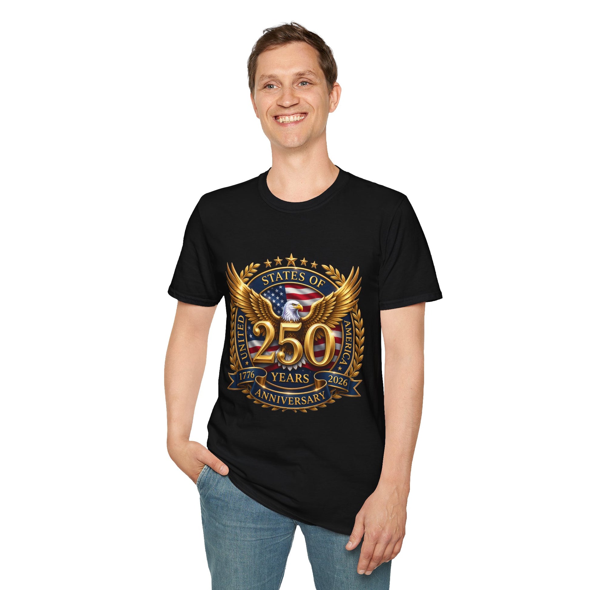 250th Anniversary USA gold eagle crest design on a black t-shirt, worn by a man standing