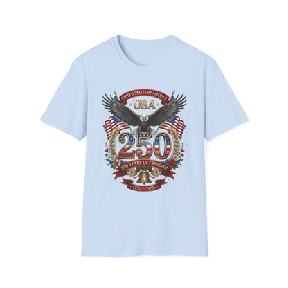 Patriotic eagle 250 anniversary design on a light-blue t-shirt, plain front product shot