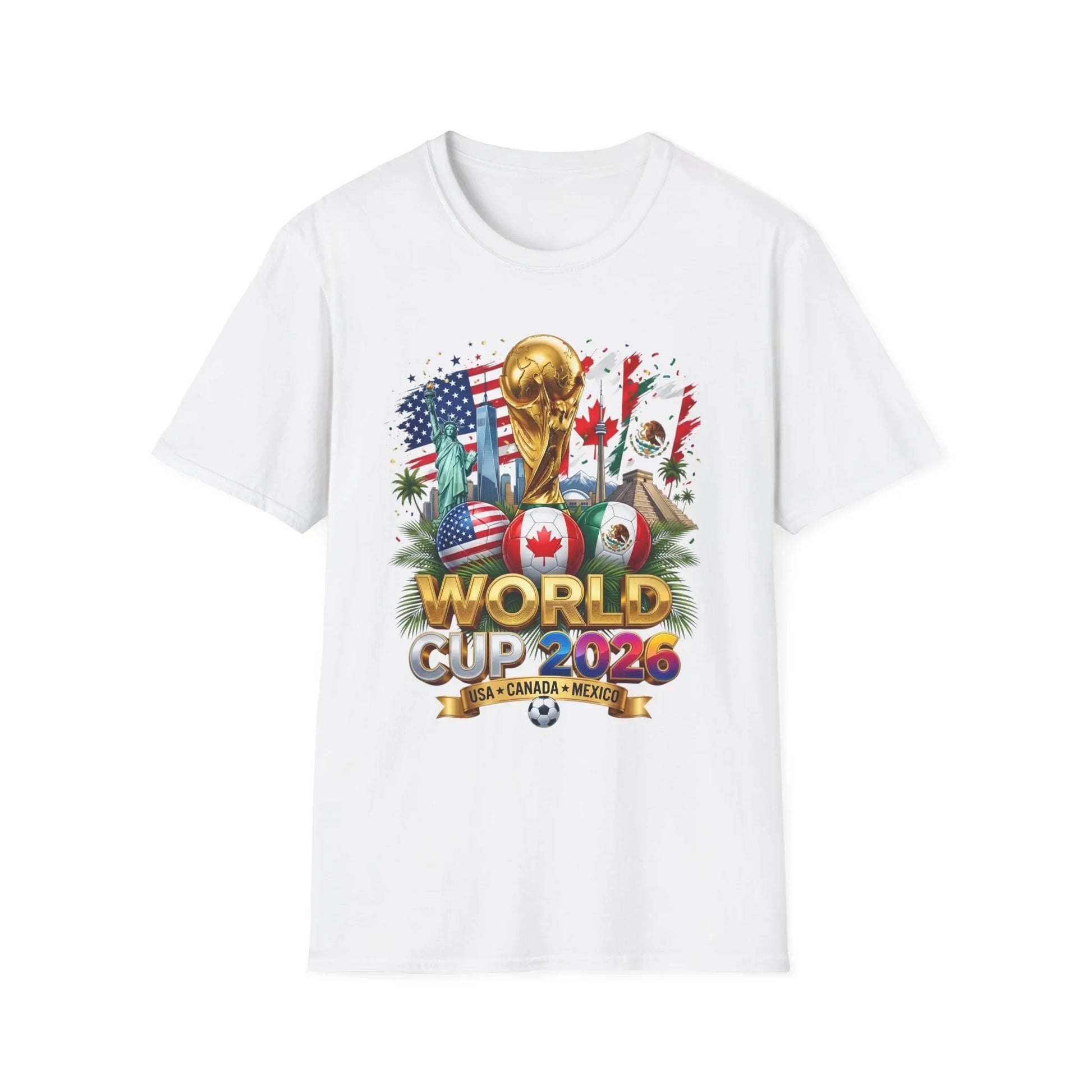 World Cup 2026 trophy with USA, Canada and Mexico flags printed on a white t-shirt, flat product shot