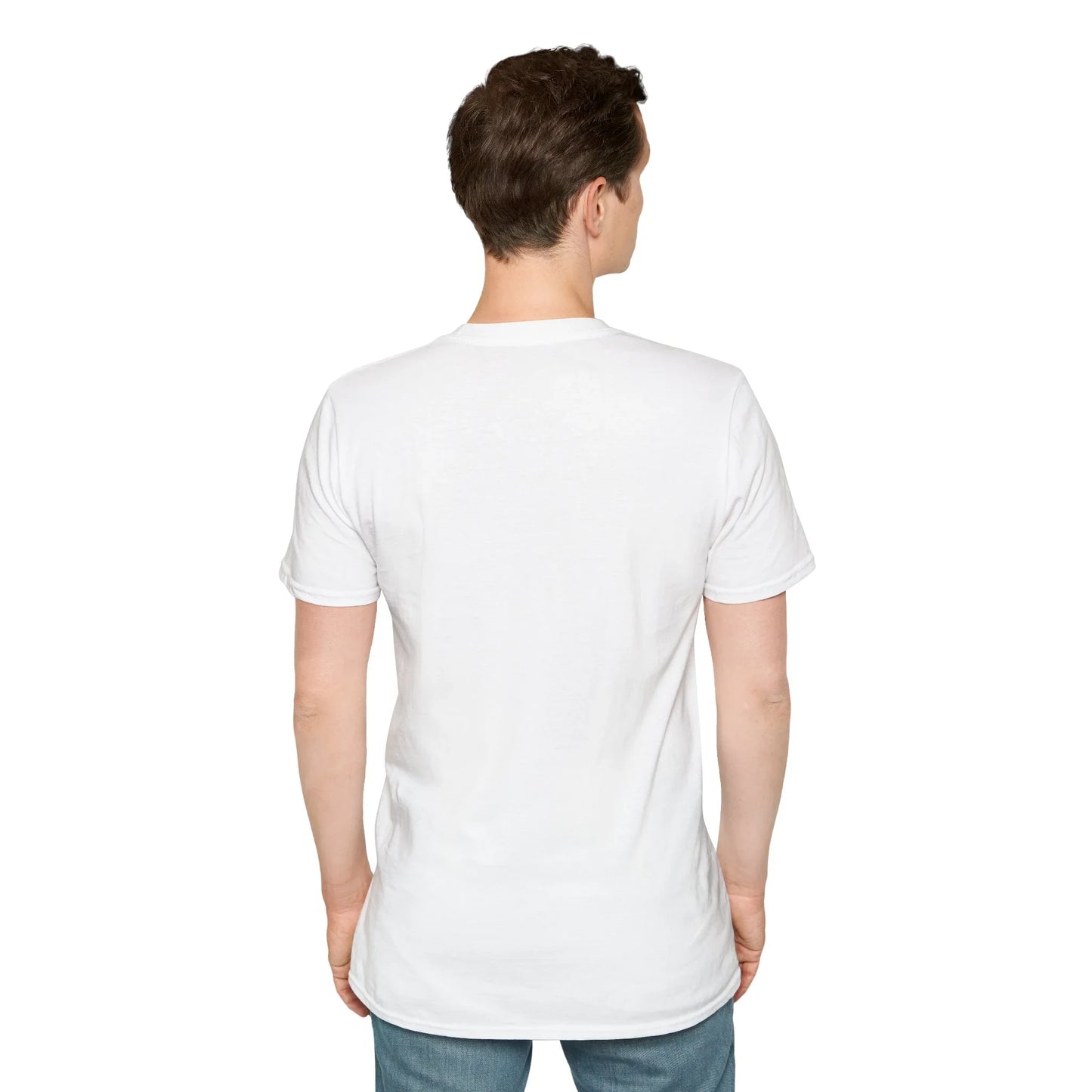 Back view of a plain white unisex t-shirt worn by a man, blank reverse of the World Cup 2026 tee