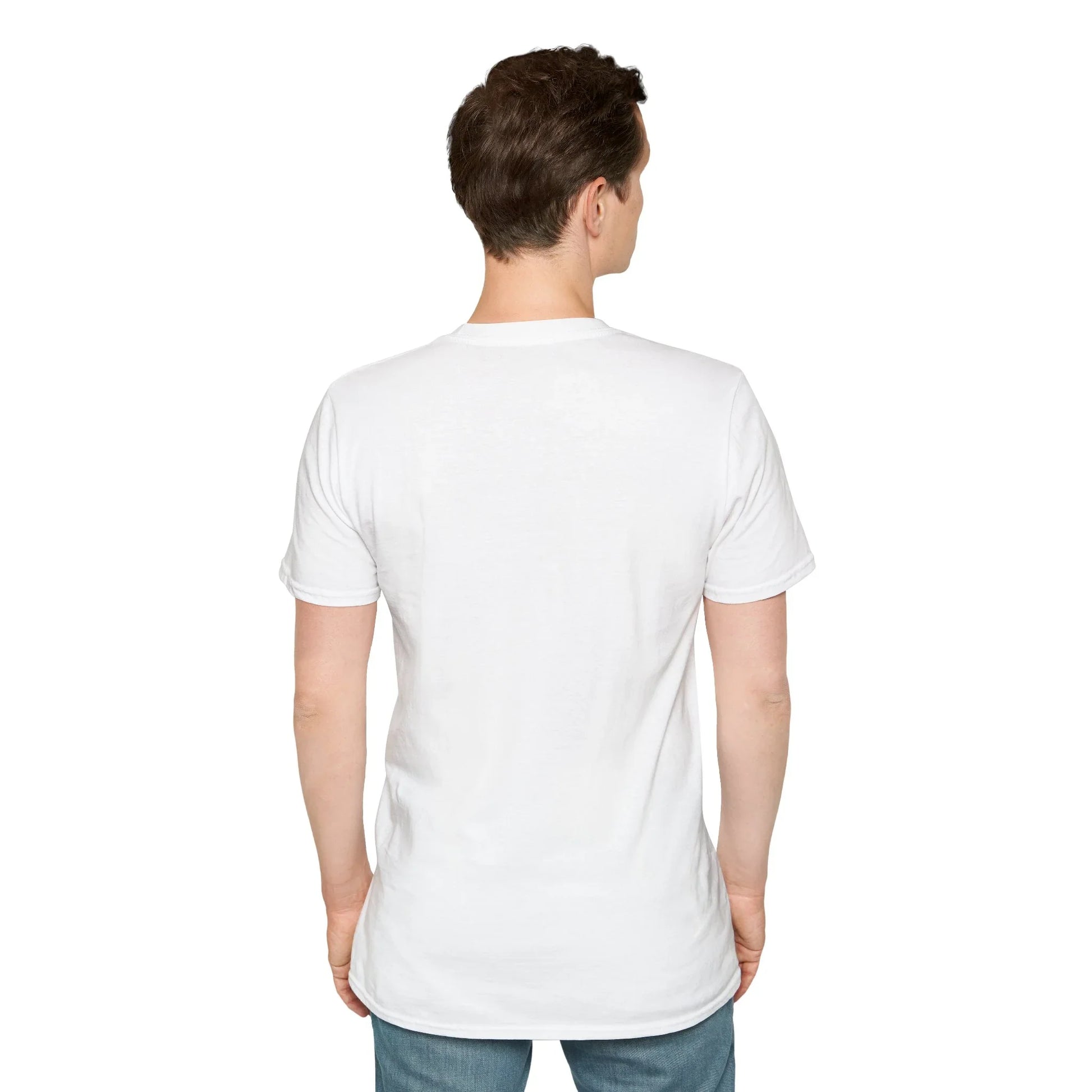 Back view of a plain white unisex t-shirt worn by a man, blank reverse of the World Cup 2026 tee