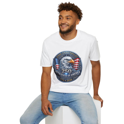 250th anniversary USA eagle design on a white t-shirt, worn by a man with curly hair, front view