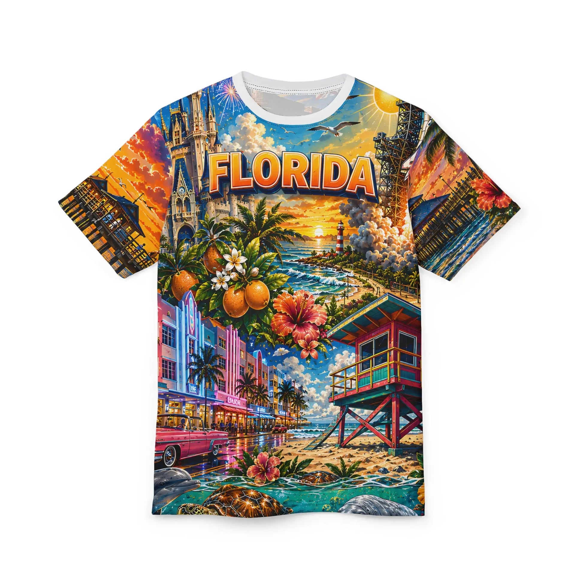 Florida tropical sunset orange-grove all-over-print tee, plain front product shot on white