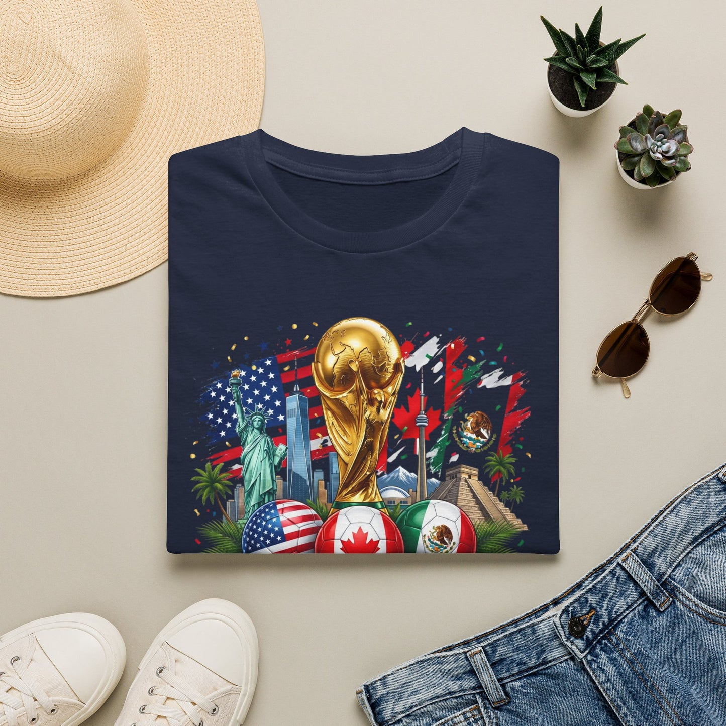 T-Shirt — World Cup 2026 Trophy Design with USA, Canada & Mexico Flags