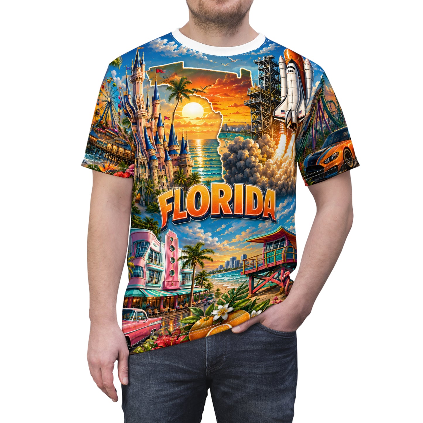 Florida vintage postcard print T-shirt by Printify featuring all-over vacation-themed tropical postcard design.