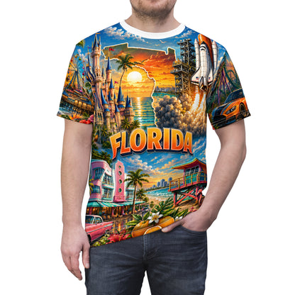 Florida vintage postcard print T-shirt by Printify featuring all-over vacation-themed tropical postcard design.