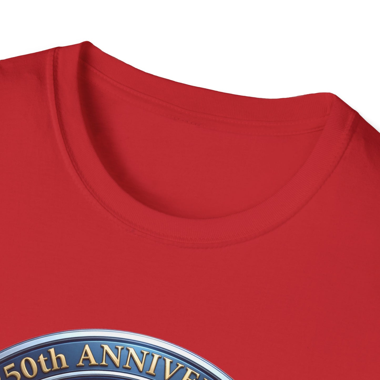 Close-up of the 250th anniversary eagle print near the collar of a red t-shirt