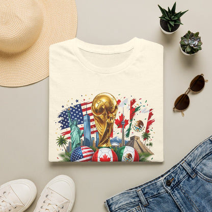T-Shirt — World Cup 2026 Trophy Design with USA, Canada & Mexico Flags