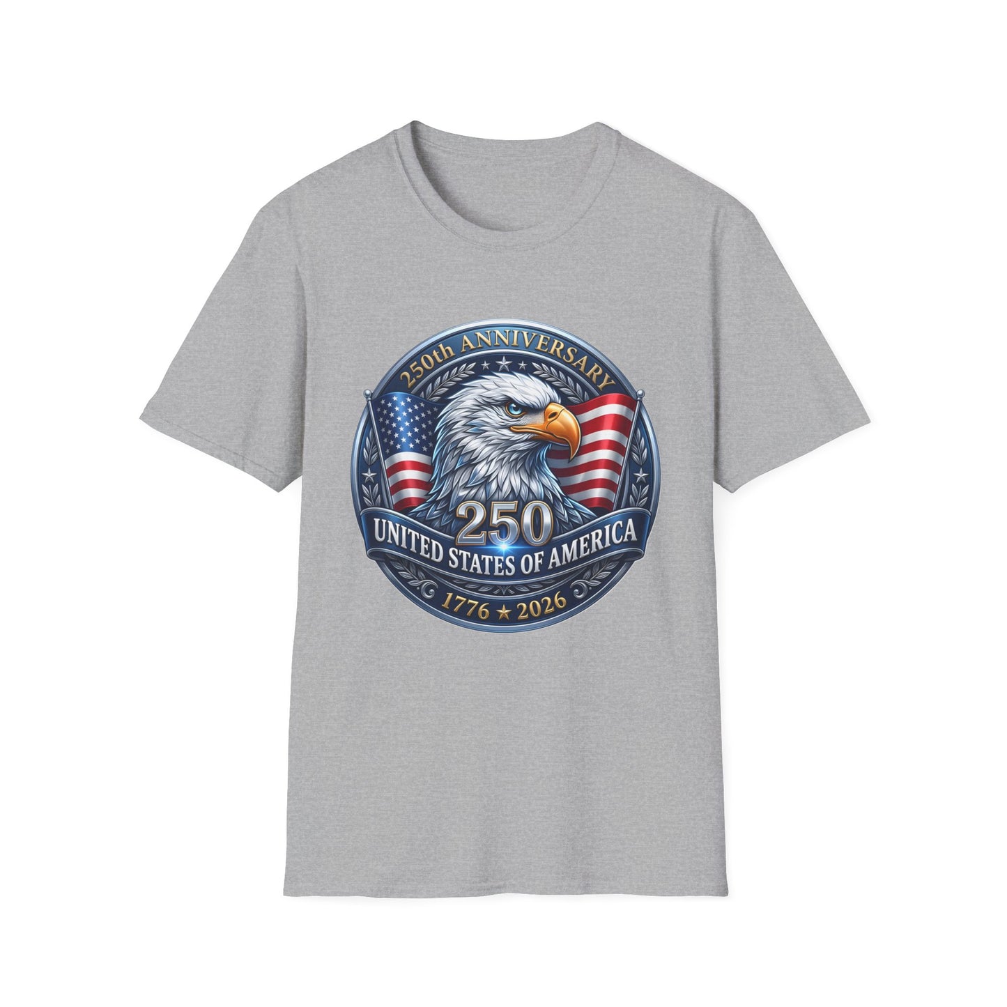 250th anniversary USA eagle design on an athletic heather gray t-shirt, plain front product shot
