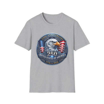250th anniversary USA eagle design on an athletic heather gray t-shirt, plain front product shot